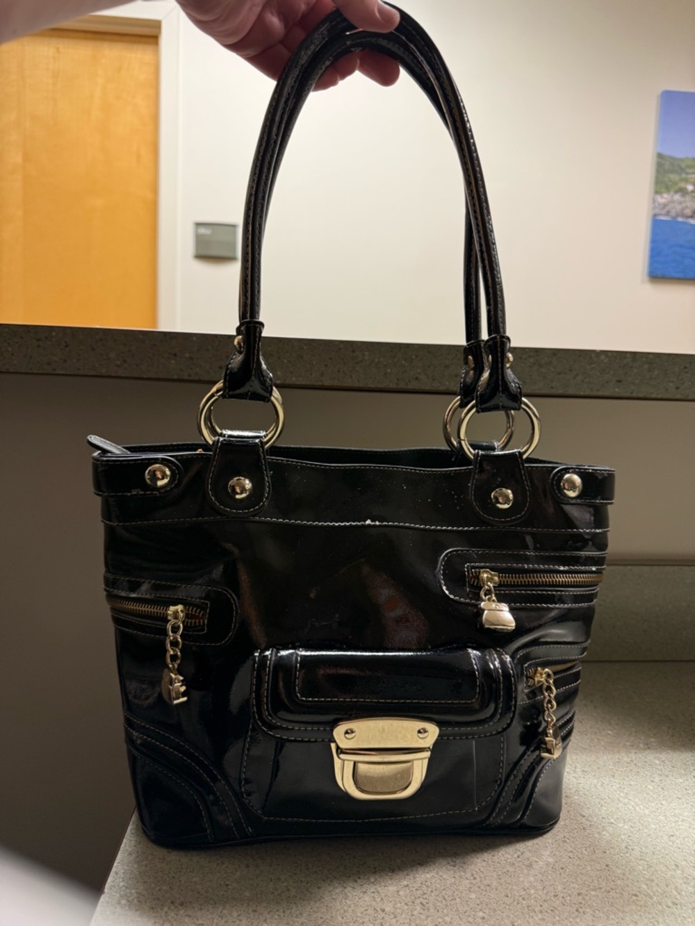 Vintage Kathy Van Zeeland Black Patent Leather Y2K Shoulder Bag